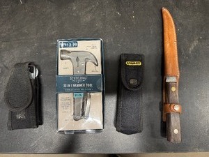 lot 97 image: Stanley KnifeBox Cutter with Holder, Sterling 10 in 1 Hammer Tool, Tool Holder, Kutmaster Filet Knife with Sheath