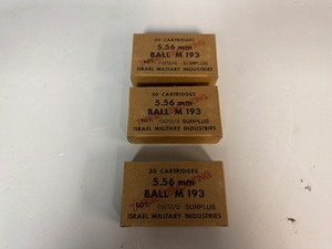 lot 24 image: 5.56 MM Israel Ammunition.  3 Boxes. 30 Per Box.