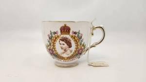 lot 34 image: Antique Queen Elizabeth 1953 Coronation Fine English Bone China Collectors Teacup