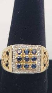 lot 39 image: Gorgeous 10k Yellow Gold Ring w Sapphires and Diamonds - Large Size 10.75