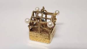lot 50 image: Antique14k Stamped Birdcage Music Box Pendant with Sapphire, Ruby and Pearl Accents - Approx 1 Square - 23.24g