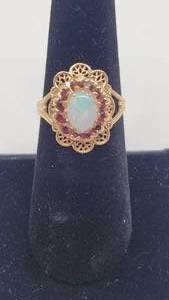 lot 128 image: Very Pretty Antique 10k Yellow Gold Ring with Opal and Garnet - Size 6.5