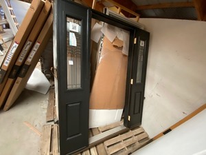 lot 606 image: Entry door black with left & right glass inserts