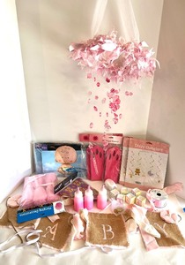 lot 16 image: Baby Shower Decoration Set with Hanging Mobile, Balloons, Banners, and Accessories