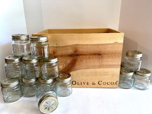 lot 23 image: Set of 16 Mason Jar Style Glass Jars with Wooden Olive & Cocoa Box