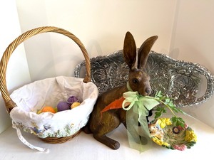 lot 25 image: Decorative Easter Collection Dept 56 Rabbit Sculpture, Silver Platter, and Fitz and Floyd Bunny Plate