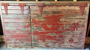 lot 49 image: Vintage Barn Wood Door Headboard with Original Red Paint