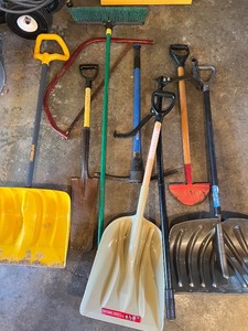 lot 58 image: Collection of Lawn and Garden Tools with Large Blue Barrel