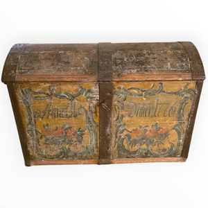 lot 21 image: Extremely Rare 1776 Hand-Painted Immigrant Trunk with Original Key  Folk Art Dome-Top Chest 38 Wide $10k - $20k Estimate
