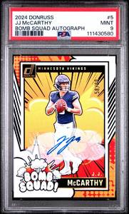 lot 5 image: JJ MCCARTHY 2024 DONRUSS BOMB SQUAD AUTOGRAPH ROOKIE CARD 5899 #5 MINT PSA 9 111430580