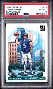 lot 1 image: JJ MCCARTHY 2024 DONRUSS DOWNTOWN ROOKIE CARD #11 NM-MT PSA 8 111430574