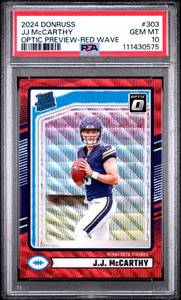 lot 9 image: JJ MCCARTHY 2024 OPTIC PREVIEW-RED WAVE ROOKIE CARD #303 GEM MT PSA 10 111430575