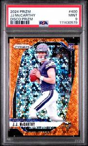 lot 13 image: JJ MCCARTHY 2024 ORANGE DISCO PRIZM ROOKIE CARD #400 MINT PSA 9 111430579
