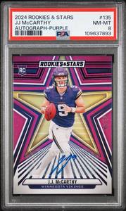 lot 6 image: JJ MCCARTHY 2024 ROOKIE & STARS AUTOGRAPH-PURPLE ROOKIE CARD 0625 #135 NM-MT PSA 8 109637893