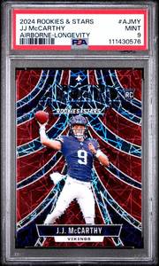 lot 15 image: JJ MCCARTHY 2024 ROOKIE & STARS AIRBONE-LONGEVITY ROOKIE CARD #AJMY MINT PSA 9 111430576