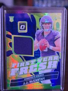 lot 29 image: JJ MCCARTHY 2024 DONRUSS OPTIC FIRST YEAR FRESH PATCH ROOKIE CARD