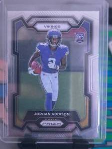 lot 108 image: JORDAN ADDISON 2023 PANINI SILVER PRIZM ROOKIE CARD