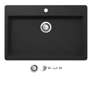 lot 3 image: Glacier Bay Stonehaven 33 in. Undermount Single Bowl Black Onyx Granite Composite Kitchen Sink with Black Strainer  Customer Returns See Pictures
