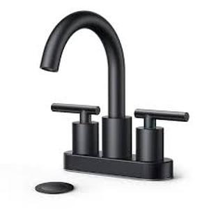 lot 8 image: FURUISI 4 in. Centerset Double Handle Low Arc Bathroom Faucet with Pop-Up Drain Included in Matte Black Customer Returns See Pictures