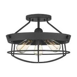 lot 41 image: Hampton Bay Southbourne 15.5 in. 3-Light Matte Black Rustic Farmhouse Semi-Flush Mount Light   Customer Returns See Pictures