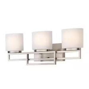 lot 11 image: Hampton Bay Tustna 26 in. 3-Light Brushed Nickel Bathroom Vanity Light with Opal Glass Shades   Customer Returns See Pictures