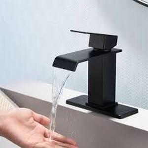 lot 36 image: AIMADI Single Handle Single Hole Waterfall Bathroom Faucet with Pop-Up Drain Stainless Steel Vanity Sink Taps in Matte Black  Customer Returns See Pictures