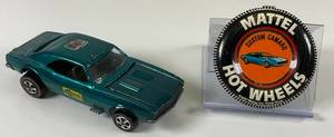 lot 68 image: 1967 REDLINE Hot Wheels Custom Camero Transparent Dark Aqua With Button Nice Condition (Hood Has Broken Pin) Button Has Missing Tab