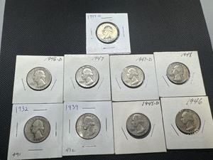 lot 64 image: Nine Silver Washington Quarters all 1930s and 1940s