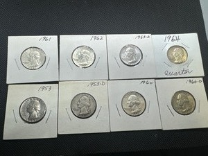 lot 65 image: Eight Silver Washington Quarters all 1950s and 1960s
