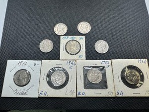 lot 72 image: Nine Jefferson Nickels- 5 Marked BU When Purchased - 1946-S, 1953-S, 1954, 1958,  and 1961, and 4 1939 Jefferson Nickels.