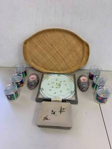 lot 43R image: Vintage Home Decor Lot Woven Trays, Glass Cups, Dior Plate & Coasters