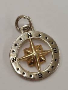 lot 59P image: Sterling Silver Compass Pendant Charm Gold Accent