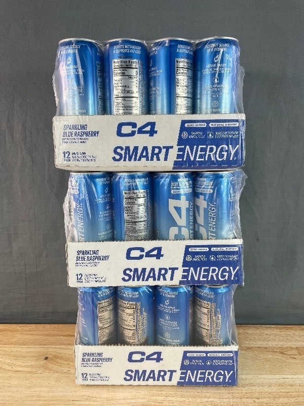 lot 26A image: 36 Brand New Cellucor C4 Smart Energy Drink, Blue Raspberry Flavor Cans - 3 Cases N