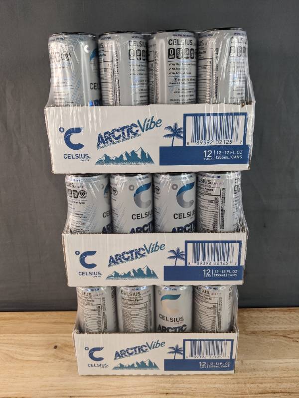 lot 41A image: 36 Brand New Celsius Sparkling Arctic Vibe Functional Energy Drink 12 fl oz Cans - 3 Cases N