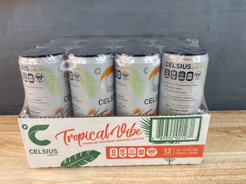 lot 49C image: 12 Brand New Celsius Sparkling Tropical Vibe 12oz Cans N