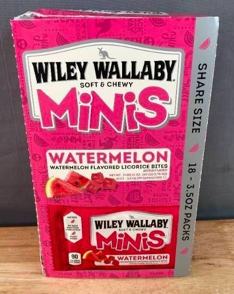 lot 10G image: Brand New 18 Packages of Wiley Wallaby Minis Watermelon Licorice Bites N
