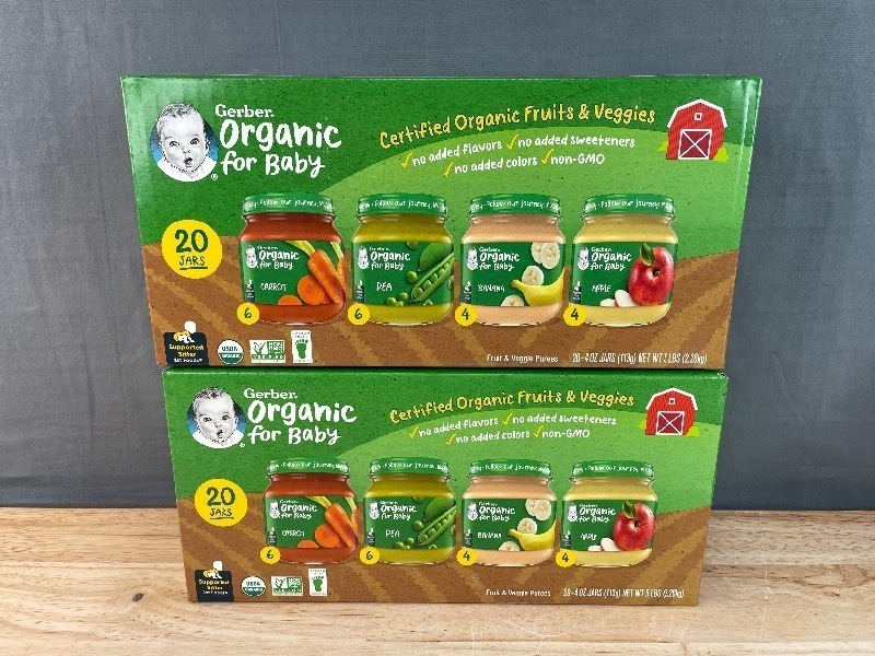 lot 29 image: 2 Brand New Cases of 20 Gerber 1st Foods Organic Baby Food, Fruit & Veggie Value Pack 4 oz. N