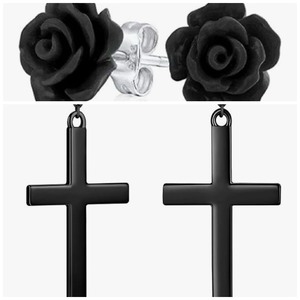 lot 123E image: 2 Brand New Cross Earrings 925 Sterling Silver Religious Christian Cross & Tiny Floral Earrings 3D Carved Rose Flower Stud Jewelry N