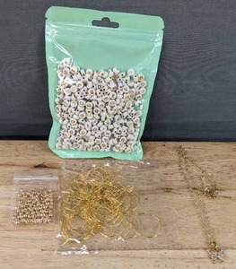 lot 96 image: Brand New Pierced Earrings Jewelry Making Kit in Gold Color, Letter Beads and Butterfly Necklace in Gold Color N