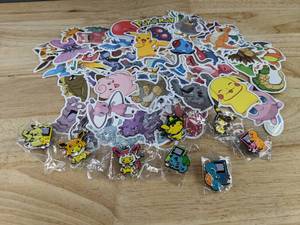 lot 50 image: 100 Brand New Pokemon Stickers and 8 Pokemon and Friends Enamel Pins N