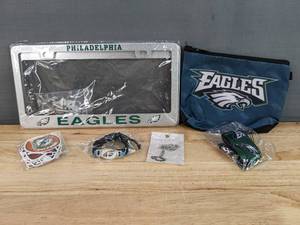 lot 54 image: Brand New NFL Football Items - Lanyard, Stickers, License Plate Cover, Necklace, Bracelet and Coin Bag N