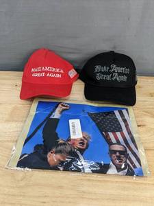 lot 55 image: 2 Brand New Donald Trump Make America Great Again Hats and 2024 Political Yard Sign N