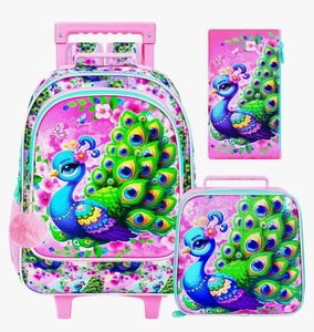 lot 135 image: Brand New UFNDC 4PCS Girls Peacock Backpack with Wheels N