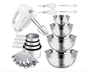 lot 140 image: Brand New Wepsen Hand Mixer Electric Mixing Bowls Set, 5 Speeds Handheld Mixer with 4 Nesting Stainless Steel Mixing Bowl, Measuring Cups Spoons 200W Kitchen Blender Whisk Beater N