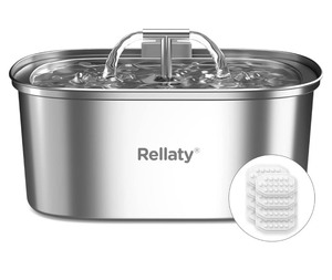 lot 146 image: Brand New Rellaty Pet Water Fountain Stainless Steel 3.2L108oz with 8 Replacement Filters N