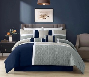 lot 141 image: Brand New Chezmoi Collection Bernard 7-Piece Queen Bed in a Bag Lightweight Comforter Set with Sheets - Navy Blue Gray Patchwork $67 Retail N