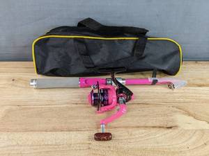 lot 86E image: Brand New Castaroud Telescopic Fishing Rod & Reel Kit, Adult Size in Hot Pink with Case N