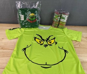 lot 87E image: Brand New Grinch Size Large Short Sleeve T-Shirt, 2 Pack Grump 2024 Hand Towels and 4 Rolls of Grinch Fabric Ribbon N