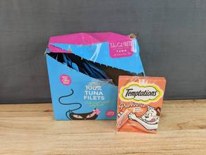lot 158 image: Brand New Tiki Cat Filets All Natural Tuna 13 Total Temptations Puree Salmon 4 Pouches N