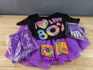 lot 152 image: Brand New Womens 80s Costume with Accessories Set Tutu, Skirt, Earrings, Necklace, Bracelets, Fishnet Gloves, Legwarmers, and Headband Size XL (12-14) N